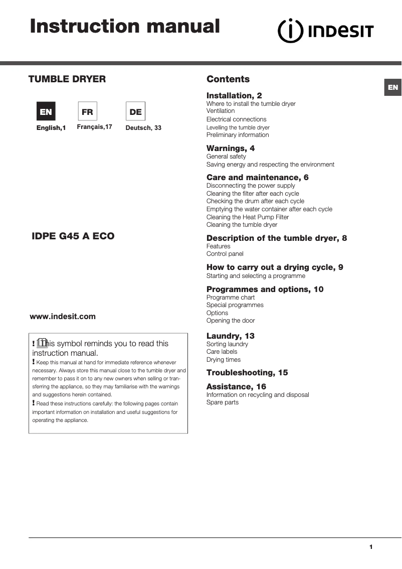 Página 1 del manual Manual de usuario Indesit IDPE G45 A ECO