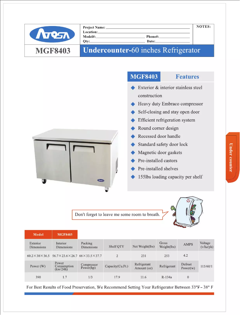 Página 1 del manual Manual de uso y mantenimiento Atosa Commercial MGF8403