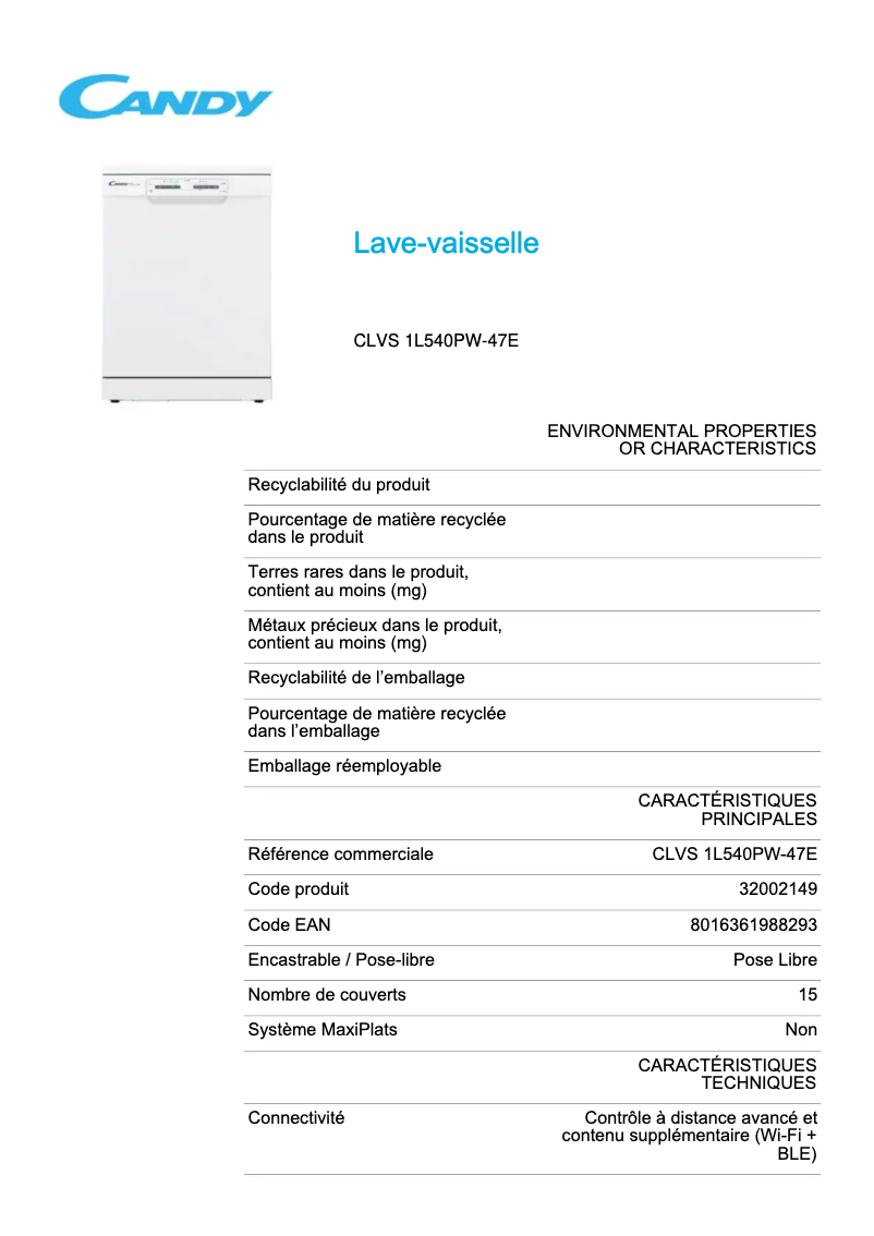 Page 1 de la notice Fiche technique Candy CLVS 1L540PW-47E