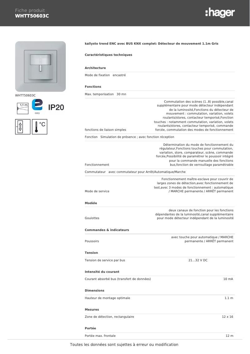 Page 1 de la notice Fiche technique Hager WHTT50603C