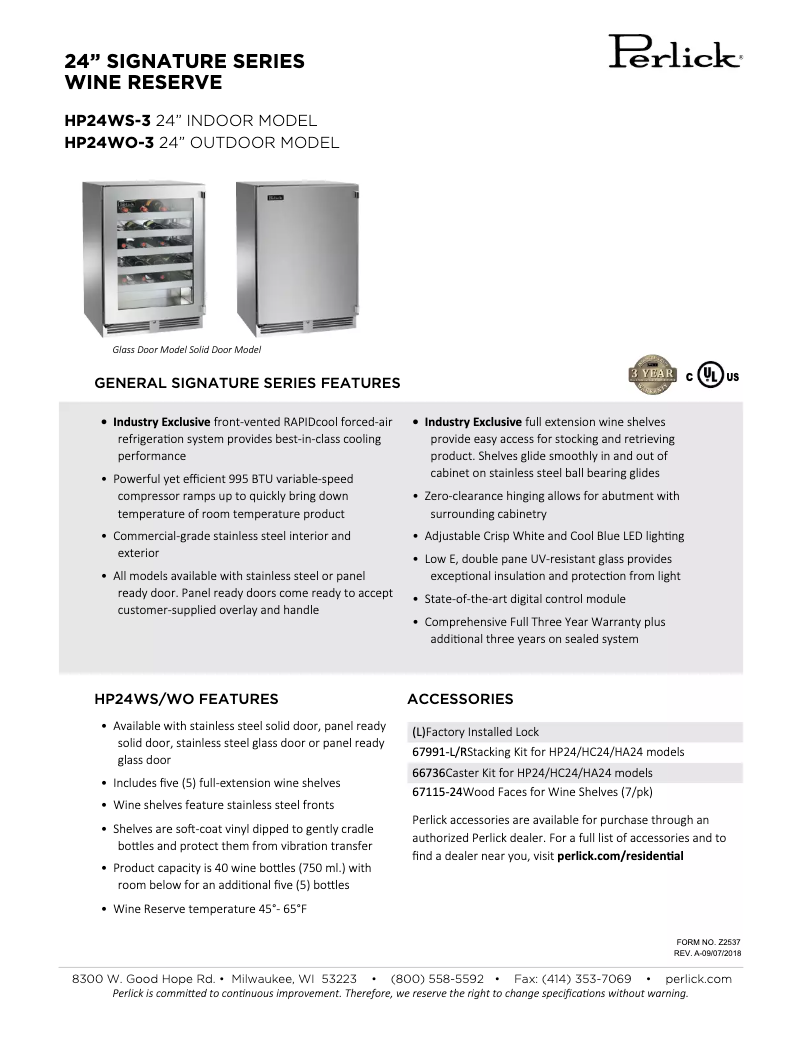 Page 1 de la notice Fiche technique Perlick Signature Series HP24WS-3-4R
