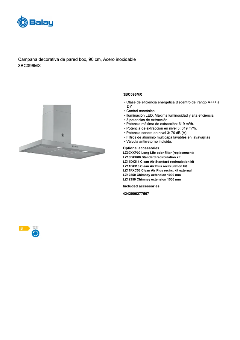 Page 1 de la notice Fiche technique Balay 3BC096MX