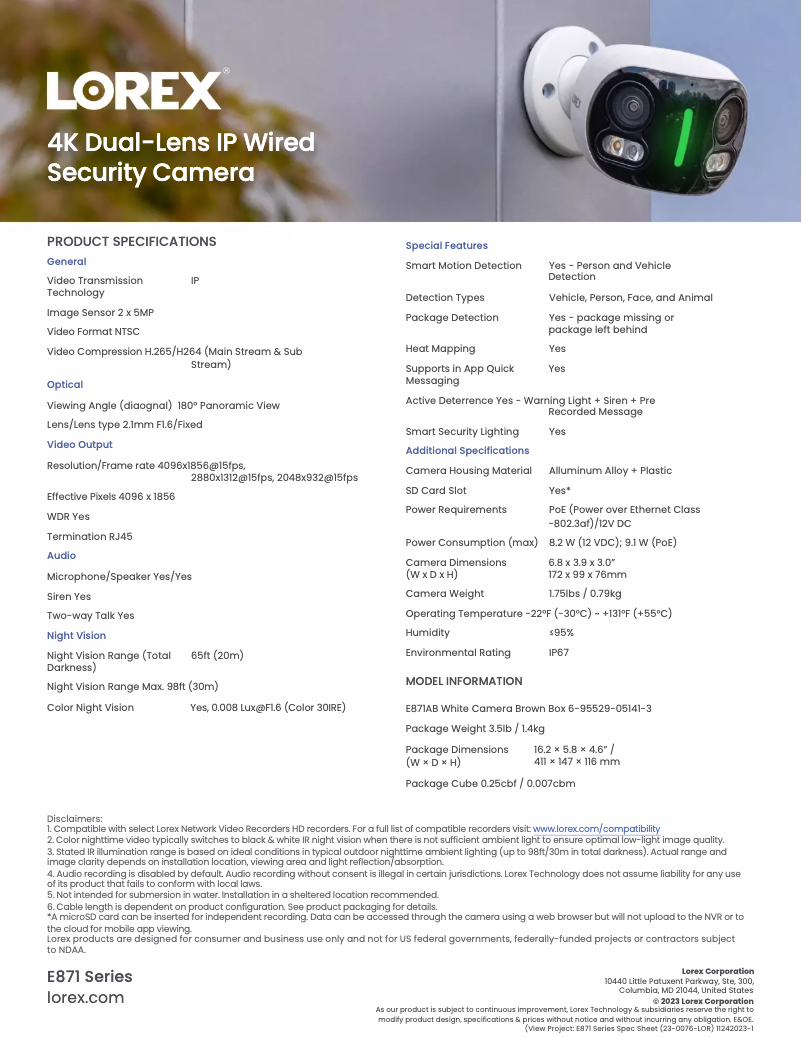 Página 1 del manual Ficha técnica Lorex E871AB