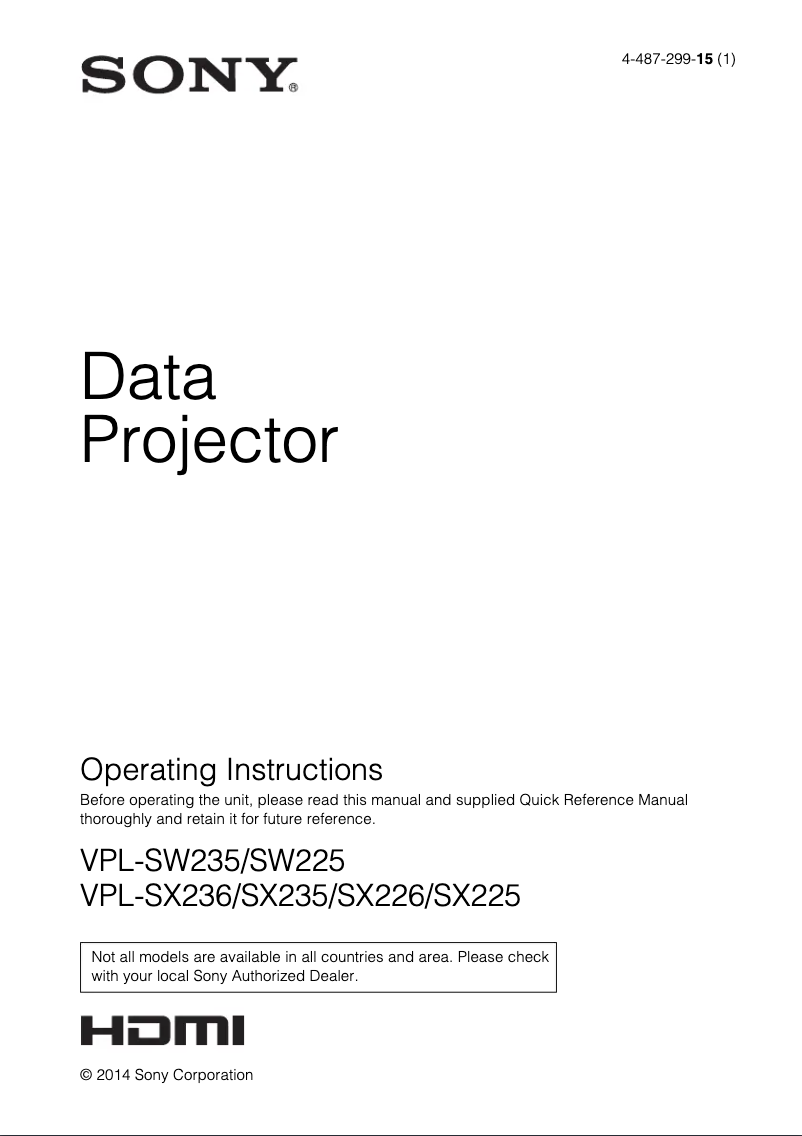 Page n°1 - Mode d'emploi Sony VPL-SX226