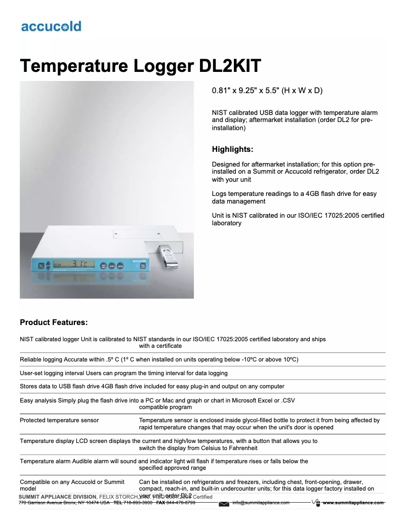Page 1 de la notice Fiche technique Summit Accucold DL2KIT