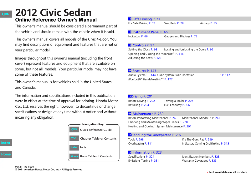 Image de la première page du manuel de l'appareil Civic HF (2012)