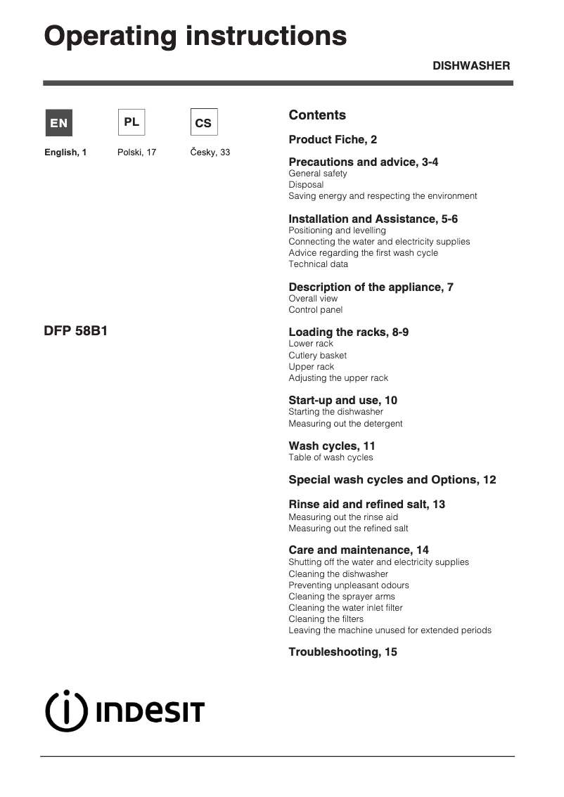 Page n°1 - Manuel utilisateur Indesit DFP 58B+96 NX EU