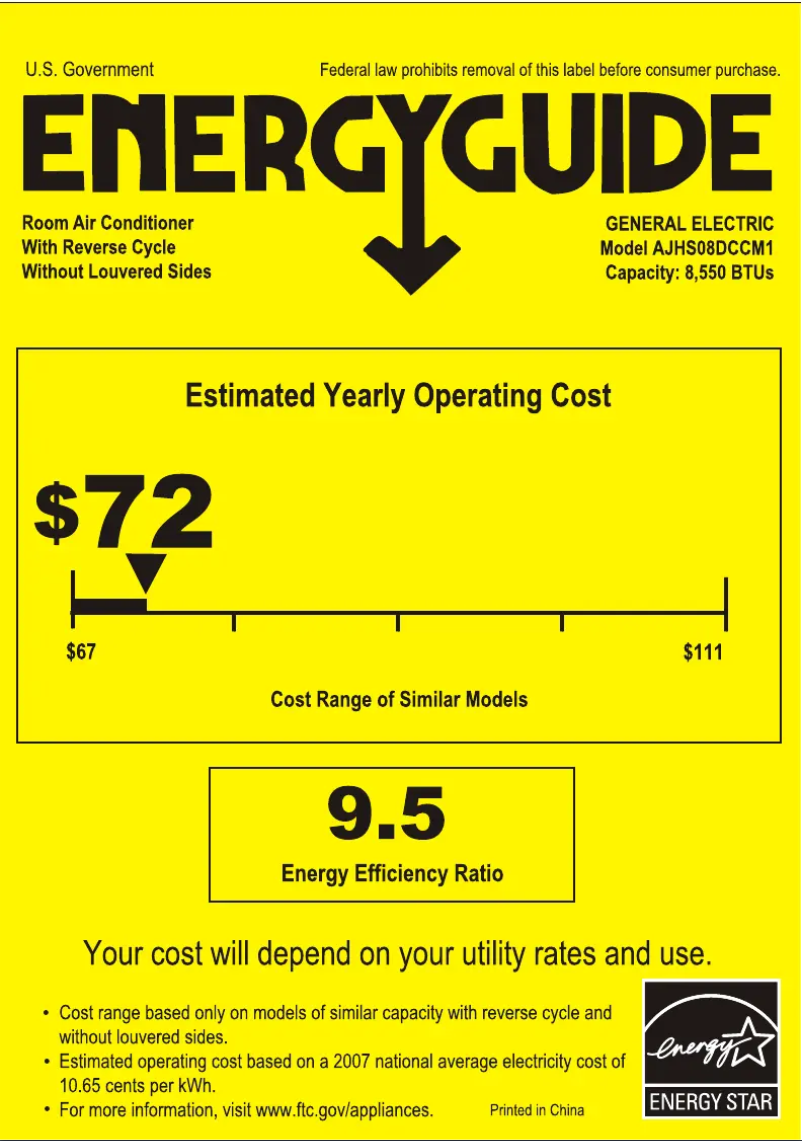 Page 1 de la notice Label énergétique GE AJHS08DCC