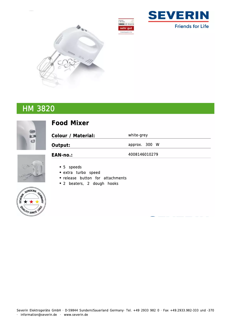Page 1 de la notice Fiche technique Severin HM 3820