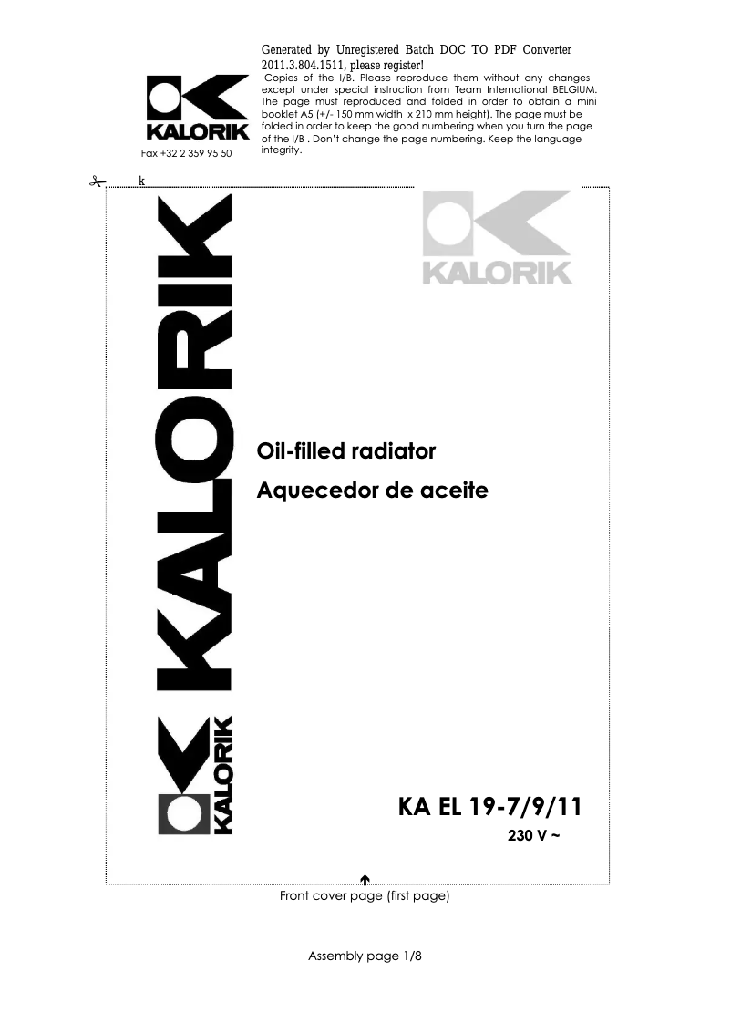 Page n°1 - Manuel utilisateur Kalorik KA EL 19-7