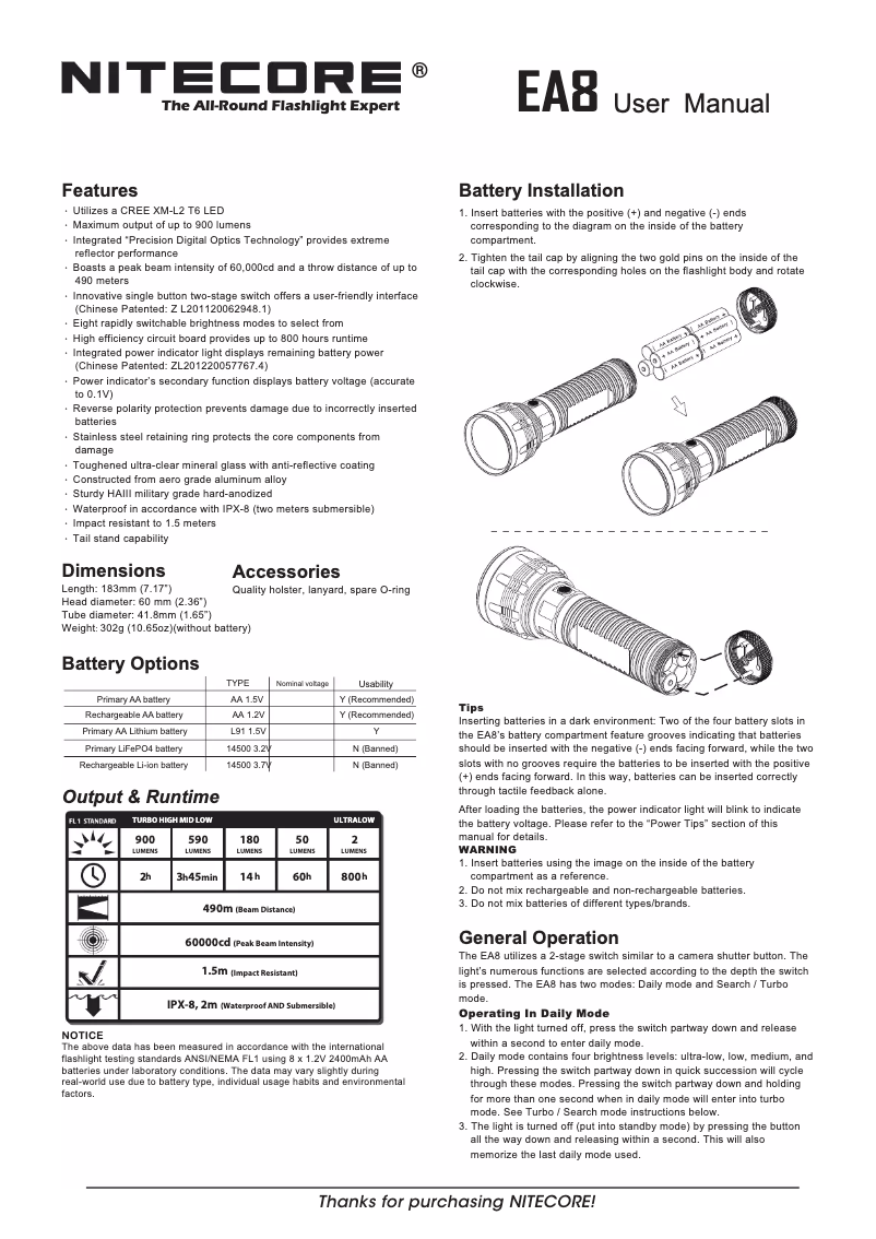 Page 1 de la notice Manuel utilisateur Nitecore EA8