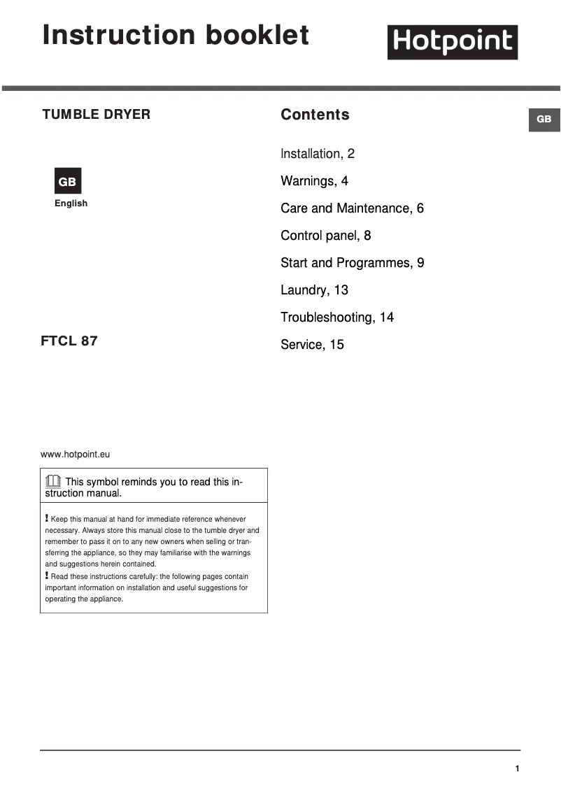 Page 1 de la notice Manuel utilisateur Hotpoint FTCL 871 GP (UK)