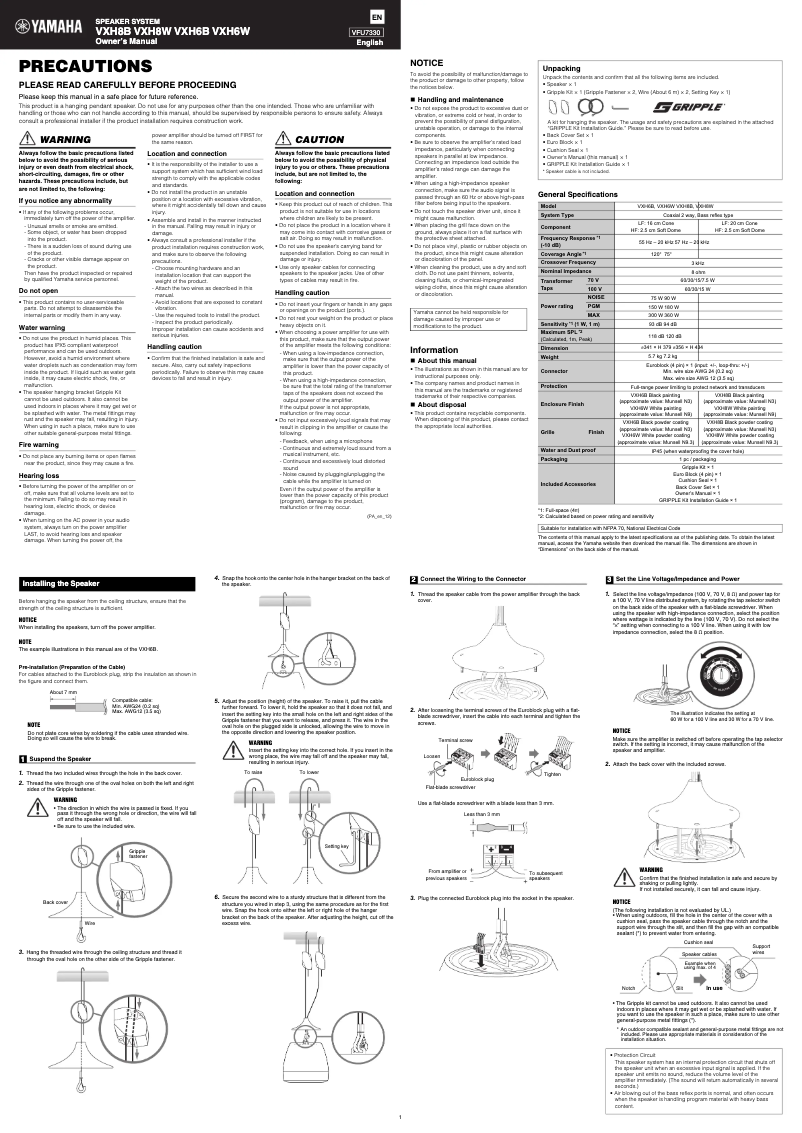 Page 1 de la notice Manuel utilisateur Yamaha VXH8B