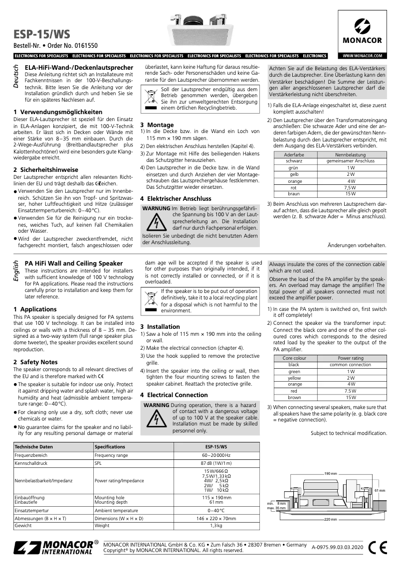Page n°1 - Manuel utilisateur Monacor ESP-15/WS