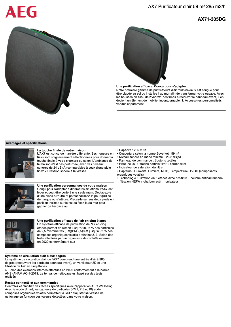 Page 1 de la notice Fiche technique AEG AX7