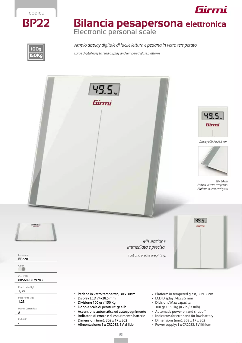 Page 1 de la notice Fiche technique Girmi BP22