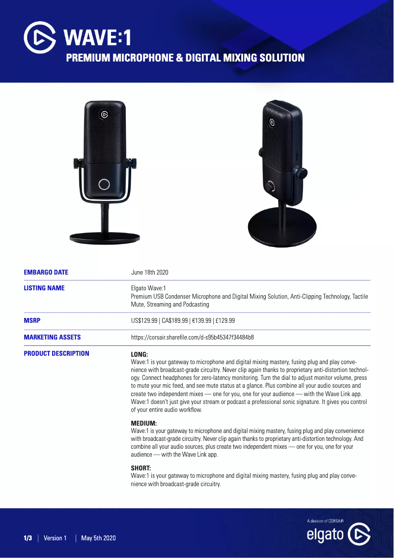 Page n°1 - Manuel utilisateur Elgato Wave:1