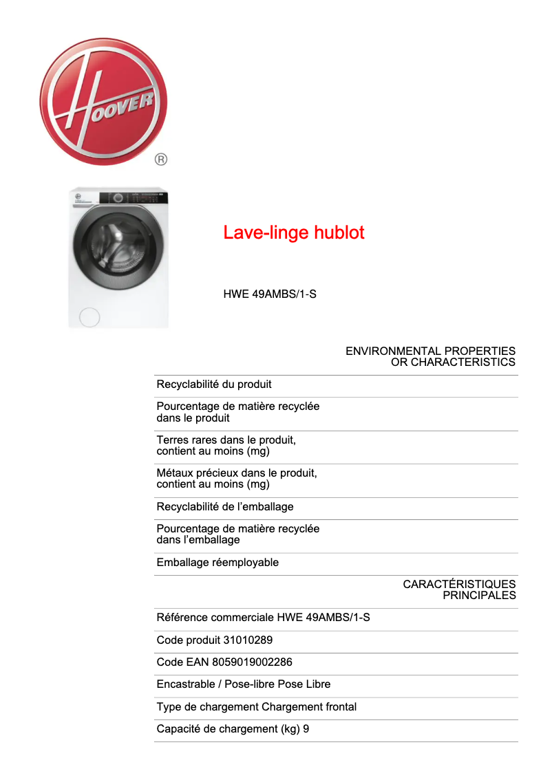 Page n°1 - Fiche technique Hoover H-WASH 500 HWE 49AMBS/1-S