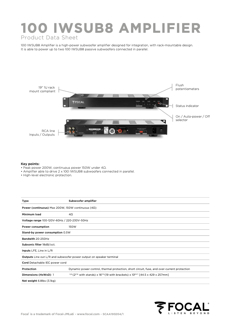 Página 1 del manual Ficha técnica Focal 100 IWSUB8