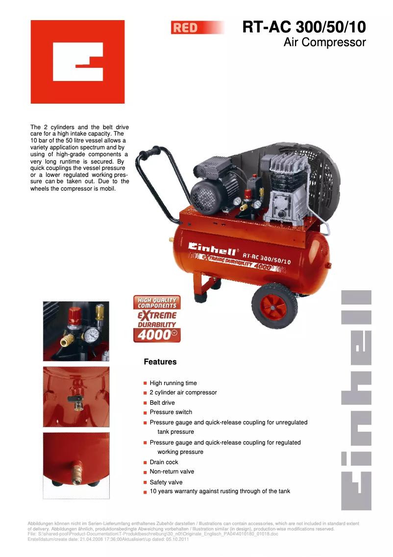 Page 1 de la notice Fiche technique Einhell RT-AC 300/50/10