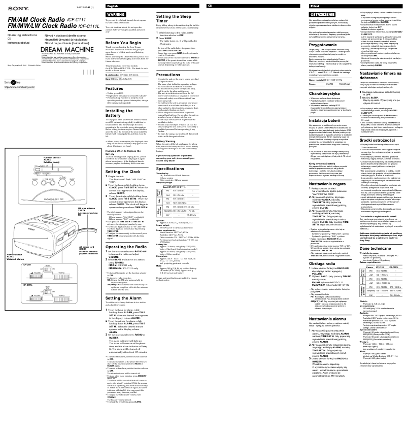 Page 1 de la notice Manuel utilisateur Sony ICF-C111L