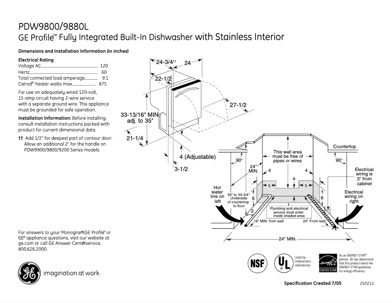 Page n°1 - Fiche technique GE Profile PDW9880LSS