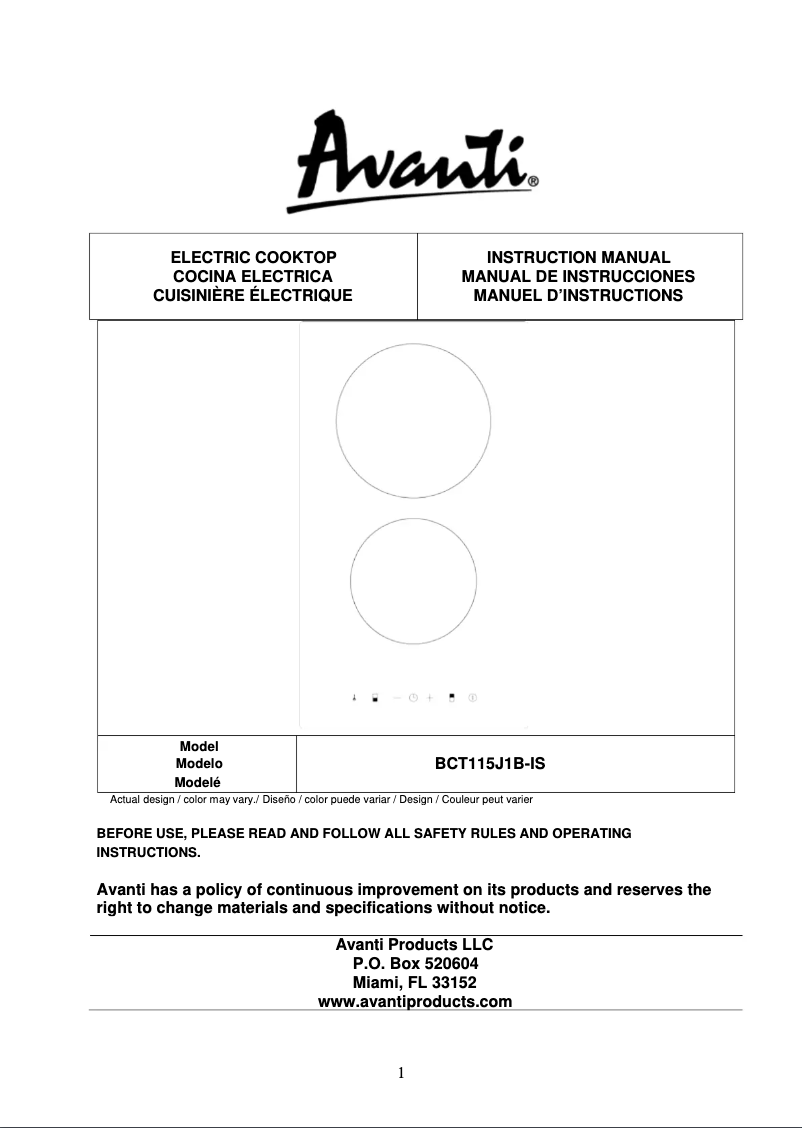 Page 1 de la notice Manuel utilisateur Avanti BCT115J1B-IS