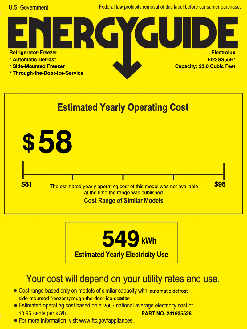 Page 1 de la notice Label énergétique Electrolux EI23SS55HW