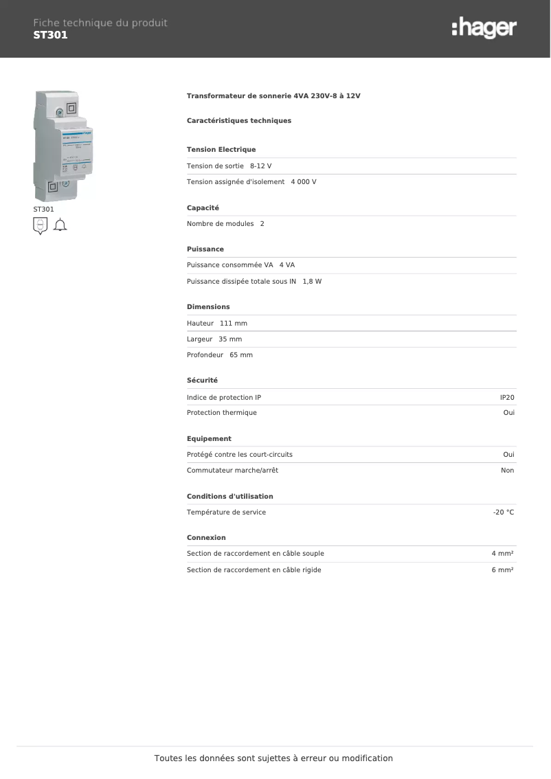 Page 1 de la notice Fiche technique Hager ST301