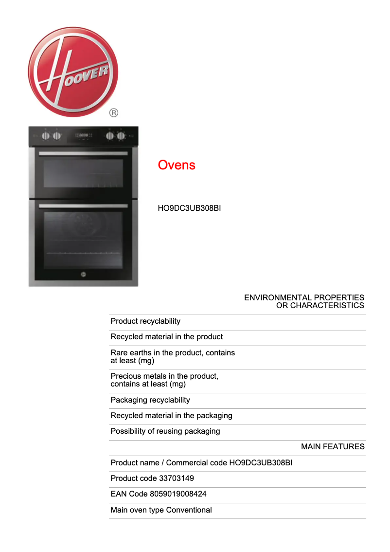 Page n°1 - Fiche technique Hoover H-OVEN 300 HO9DC3UB308BI