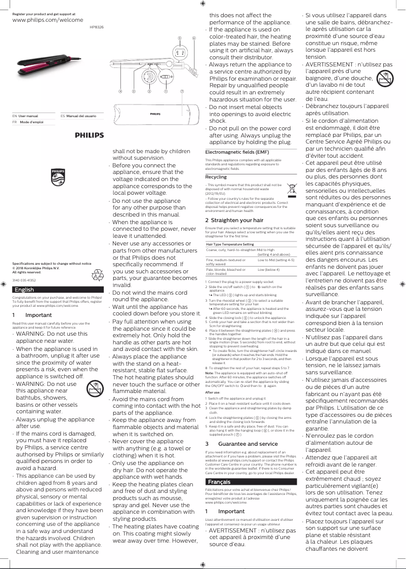 Page 1 de la notice Manuel utilisateur Philips StraightCare HP8326