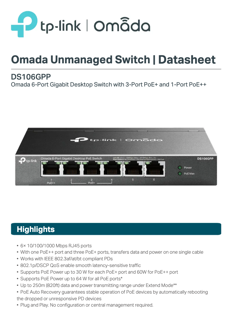 Page 1 de la notice Fiche technique TP-Link Omada DS106GPP