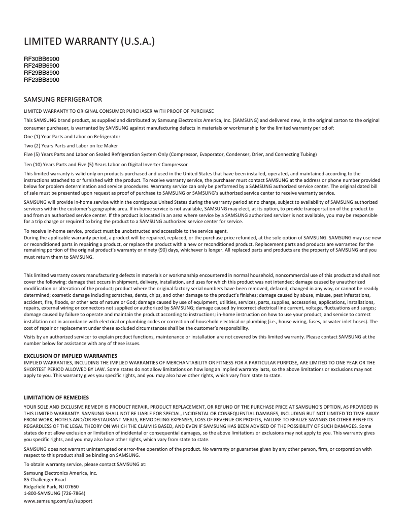 Page 1 de la notice Informations de garantie Samsung RF29BB8900AW