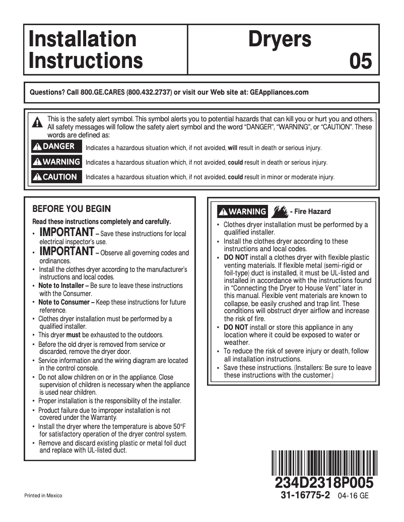 Page 1 de la notice Guide d'installation GE HTX24EASKWS