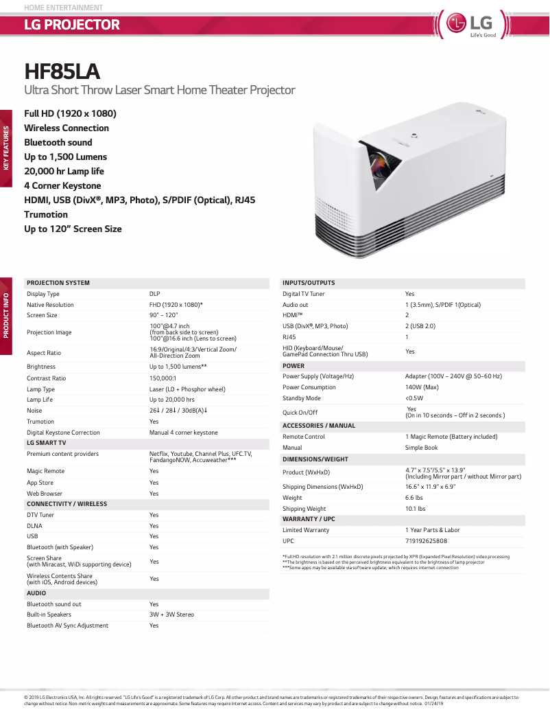Page 1 de la notice Fiche technique LG HF85LA