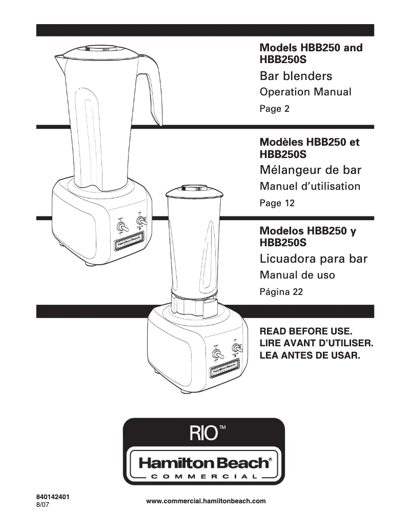 Page n°1 - Manuel utilisateur Hamilton Beach Rio HBB250S