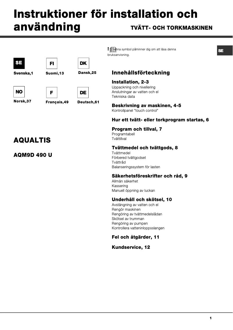 Page n°1 - Manuel utilisateur Hotpoint AQM9D 490 U Aqualtis