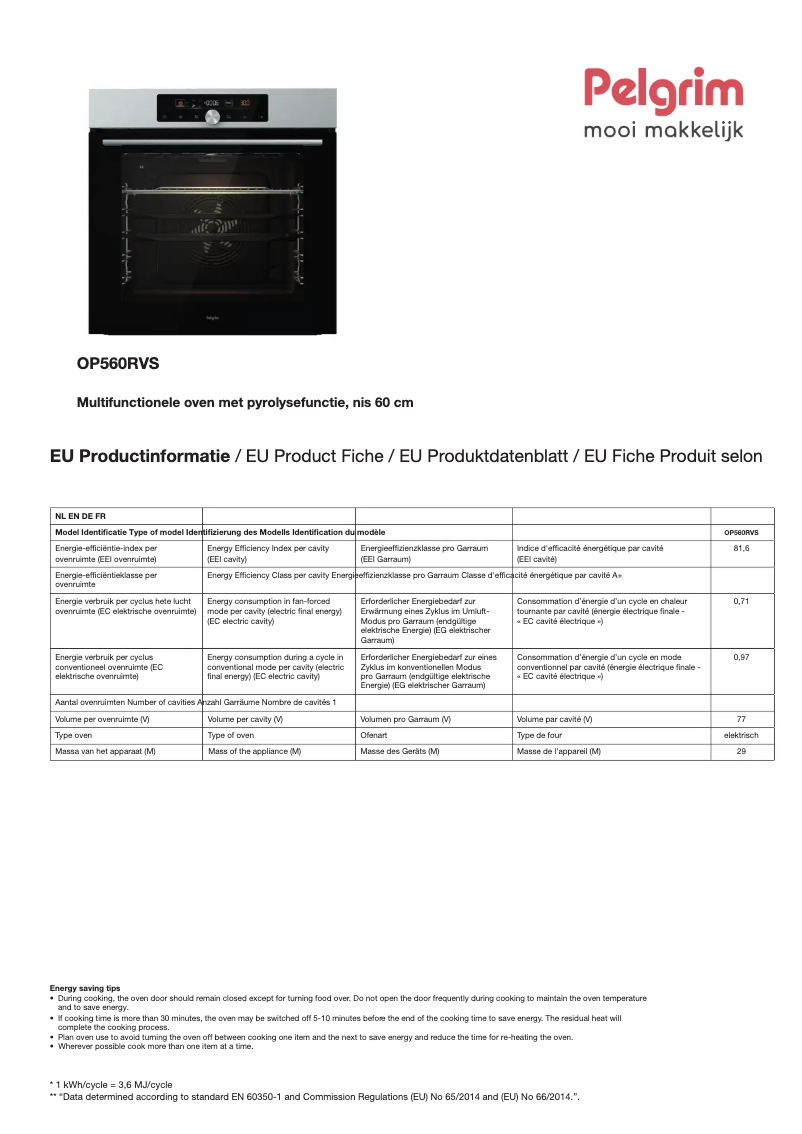 Page 1 de la notice Fiche technique Pelgrim OP560RVS
