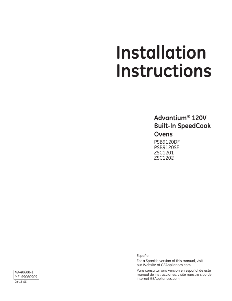 Page n°1 - Guide d'installation GE ZSC1202NSS