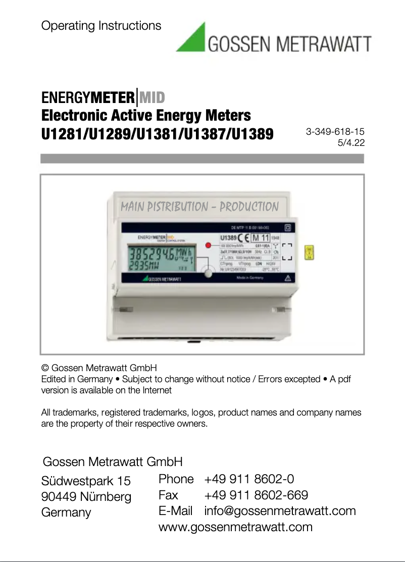 Page n°1 - Manuel utilisateur Gossen Metrawatt U1289