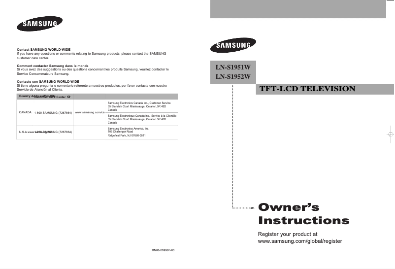 Page 1 de la notice Manuel utilisateur Samsung LN-S1952W