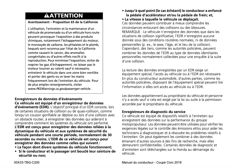 Page 1 de la notice Manuel utilisateur Honda Civic Coupe (2018)