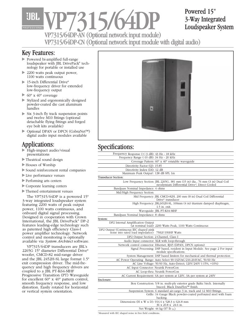 Page 1 de la notice Manuel utilisateur JBL VP7315