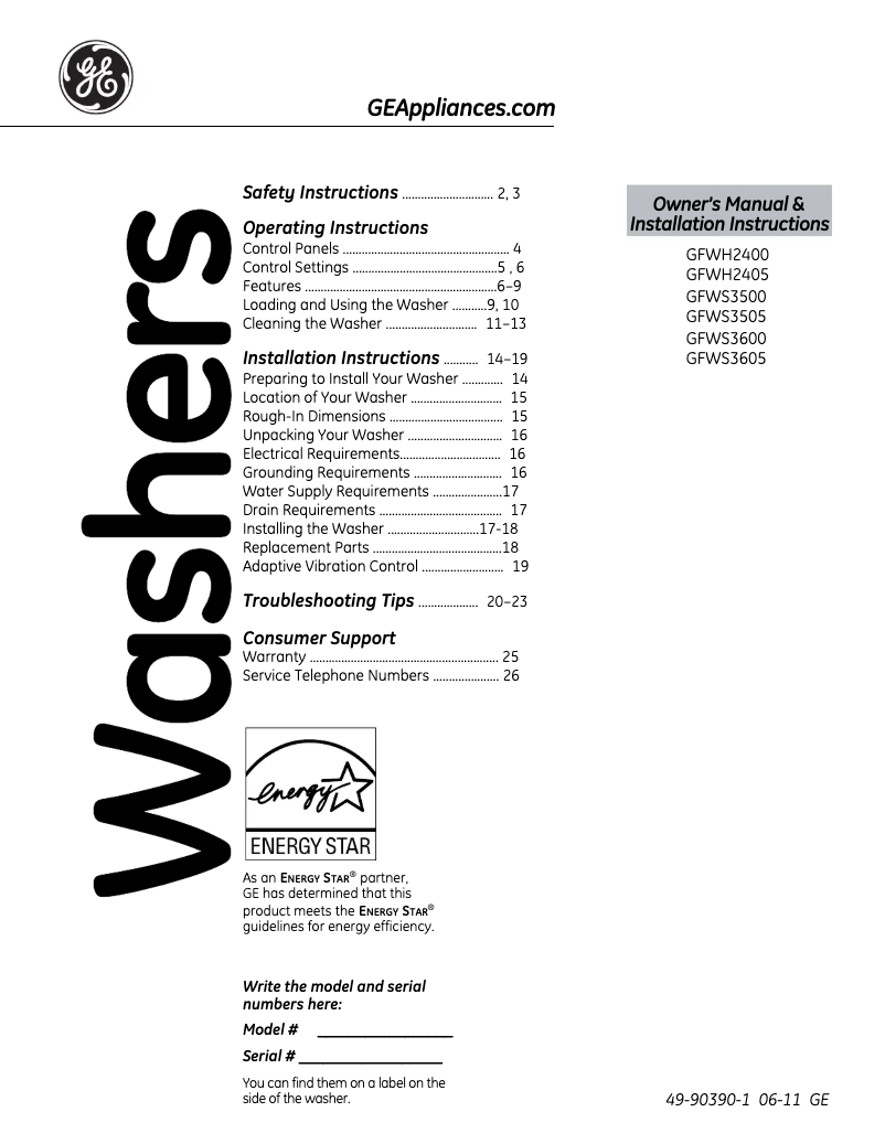 Page n°1 - Guide d'installation GE GFWS3505LMV