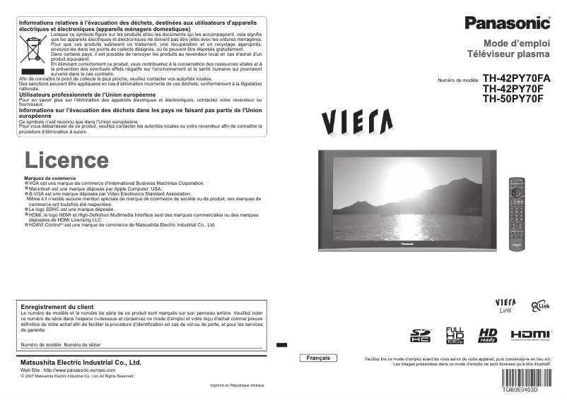 Page 1 de la notice Manuel utilisateur Panasonic TH-50PY70F