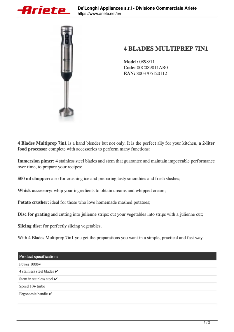 Page 1 de la notice Fiche technique Ariete 0898