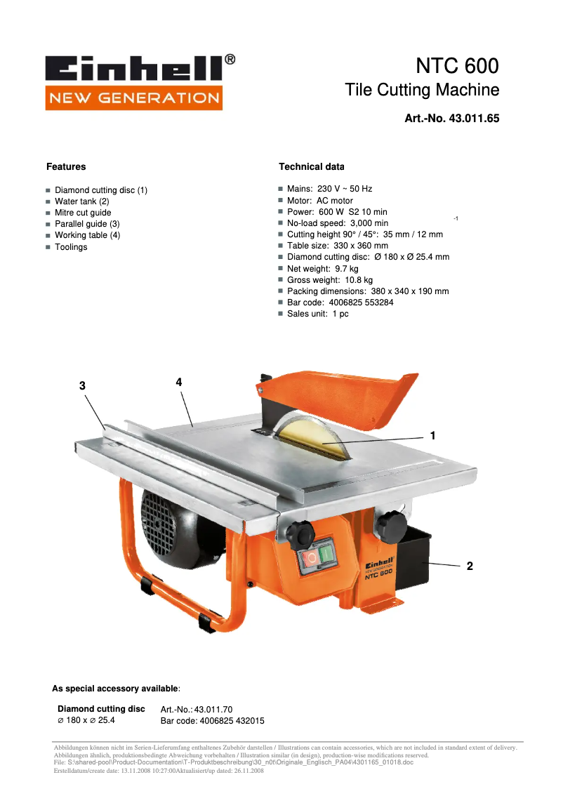 Page n°1 - Manuel utilisateur Einhell NTC 600