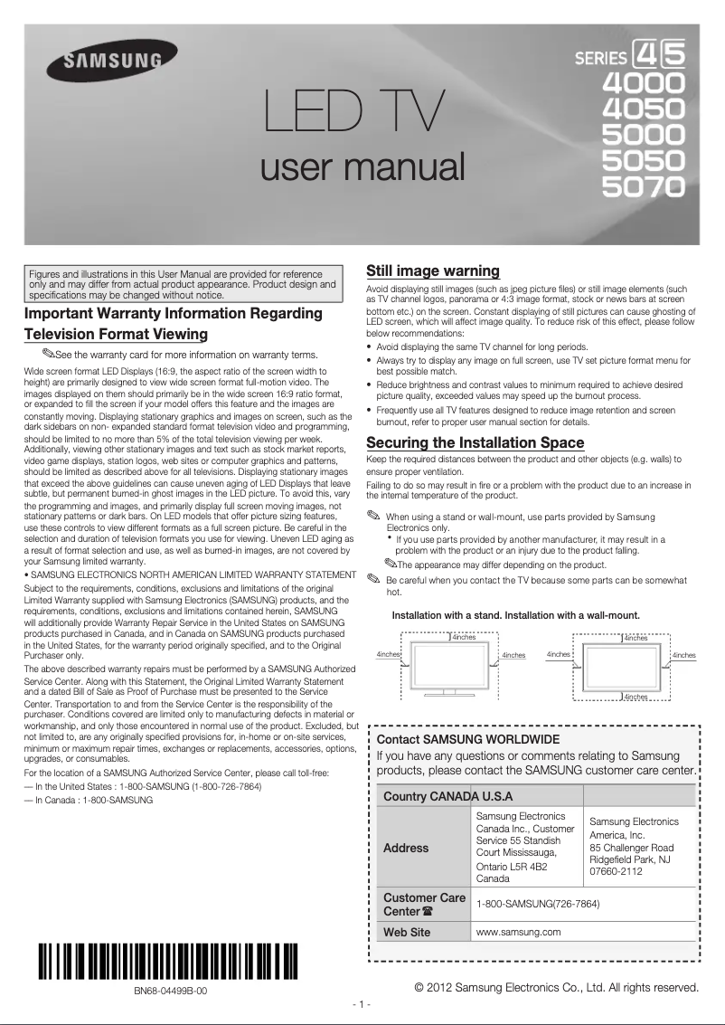 Page 1 de la notice Manuel utilisateur Samsung UN50EH5000F
