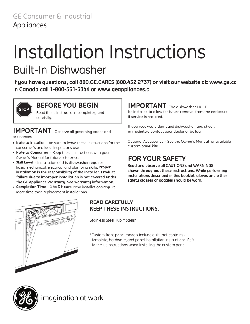 Page 1 de la notice Guide d'installation GE Profile PDWF400PWW