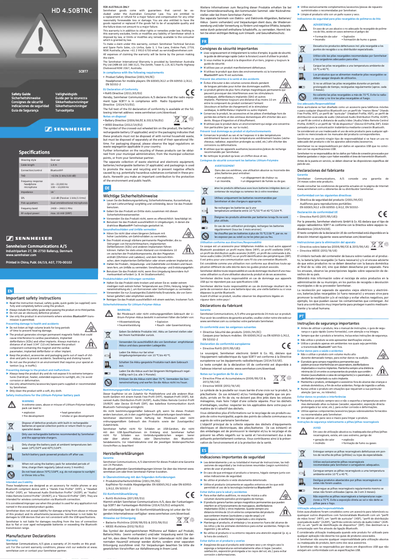 Page n°1 - Instructions de sécurité Sennheiser HD 4.50BTNC